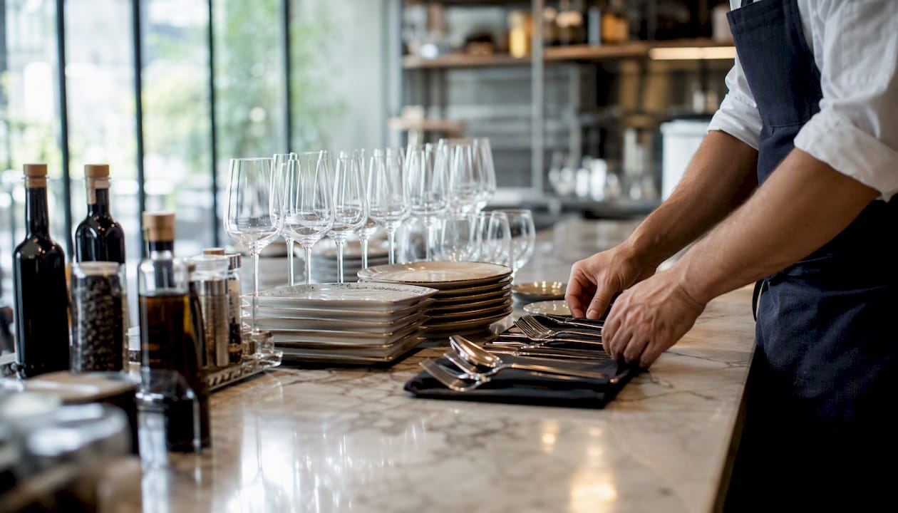 Manos organizando platos antes de evento privado