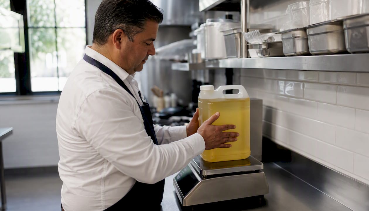 Una garrafa de aceite sobre la báscula de cocina