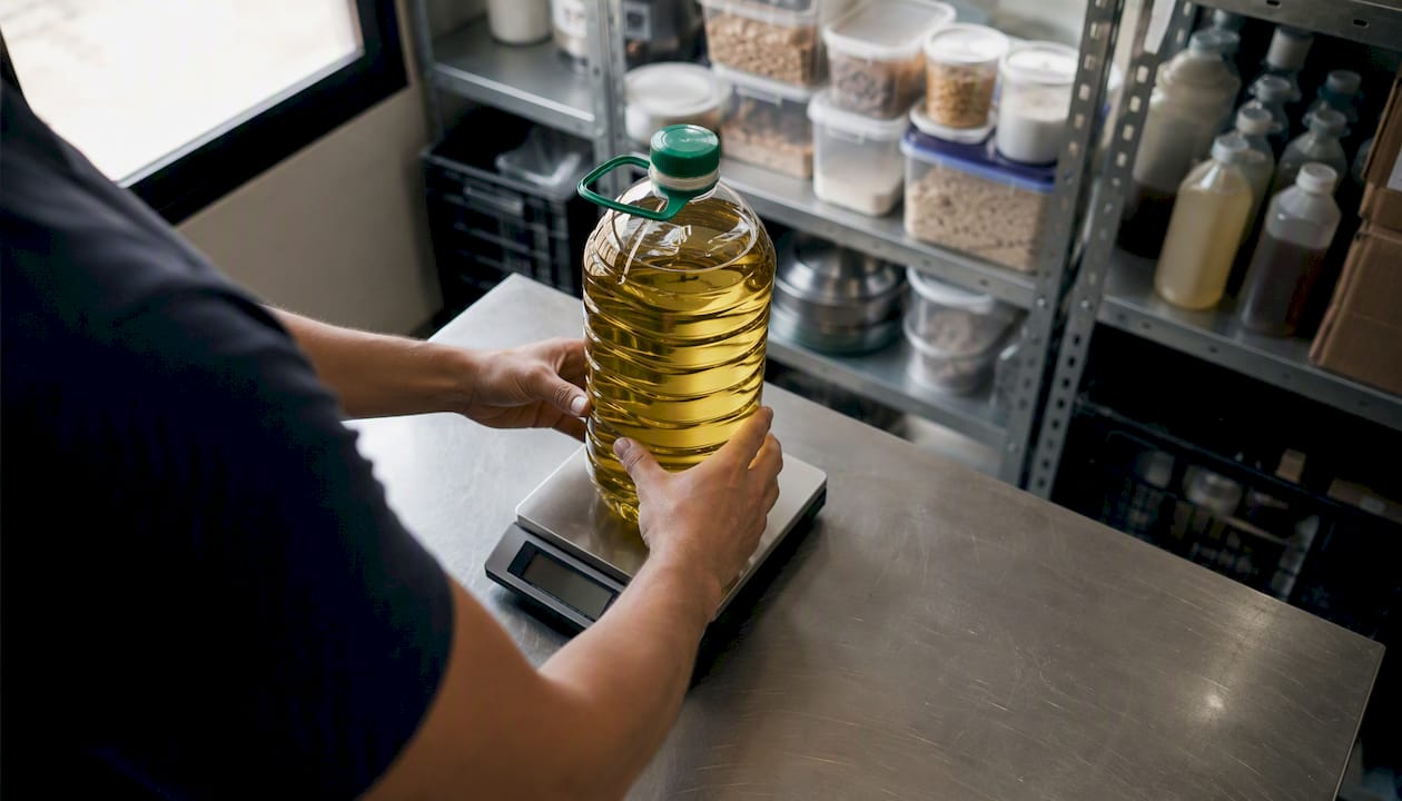 Pesando el aceite en la báscula de cocina