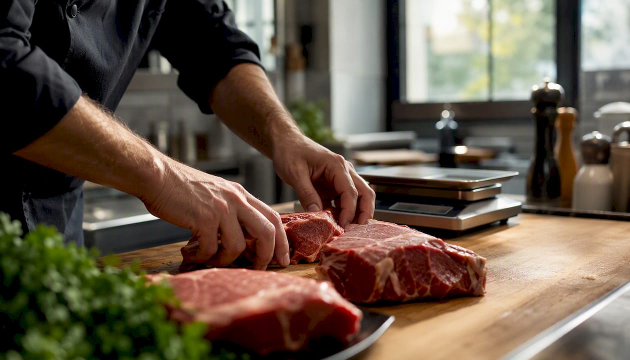 Manos ajustando ingredientes en cocina profesional