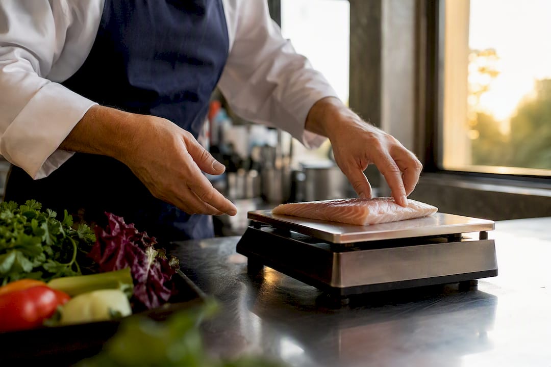Pesando pescado en la báscula de cocina